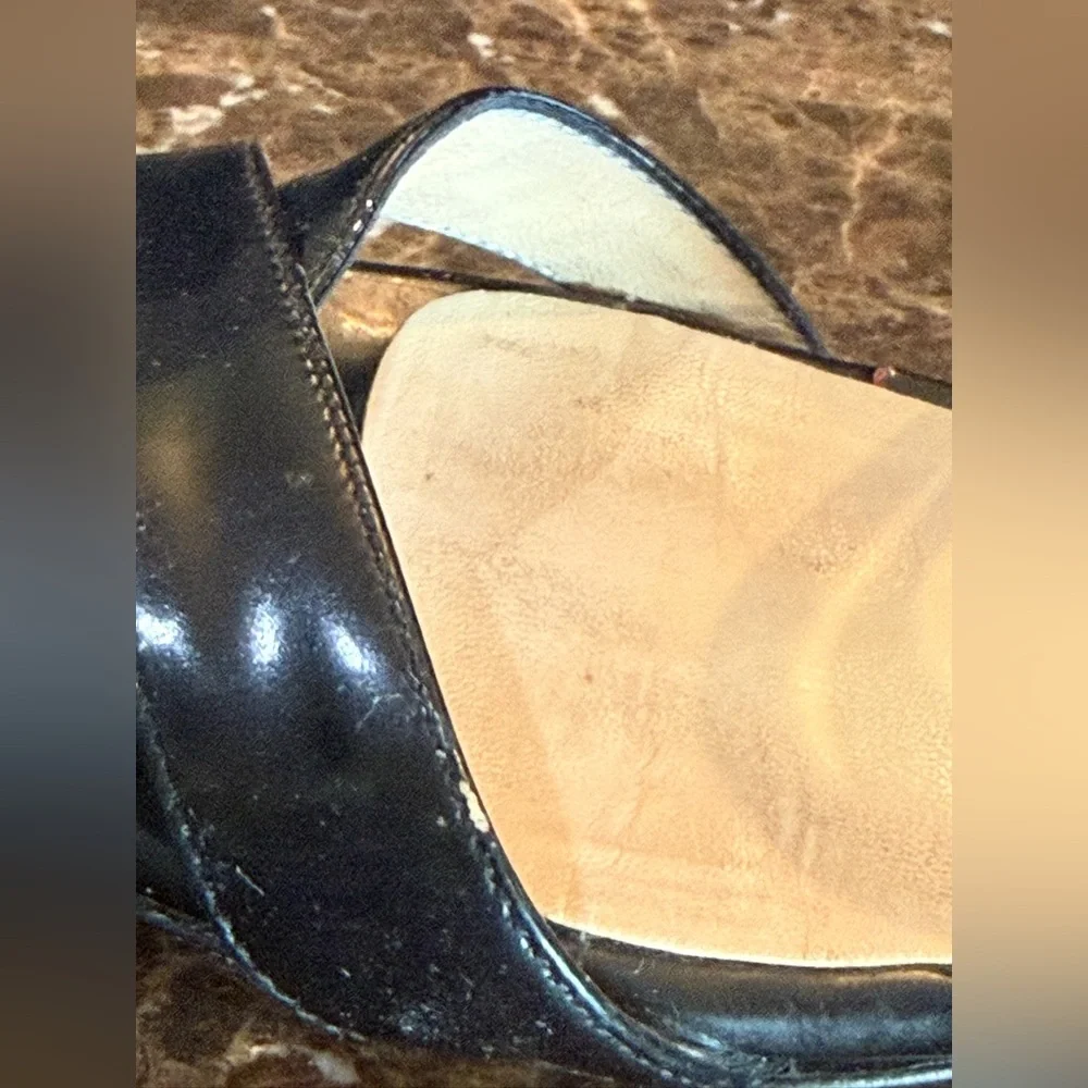 Jimmy Choo. Black Patent Connor Wedge Sandals. Size 37.